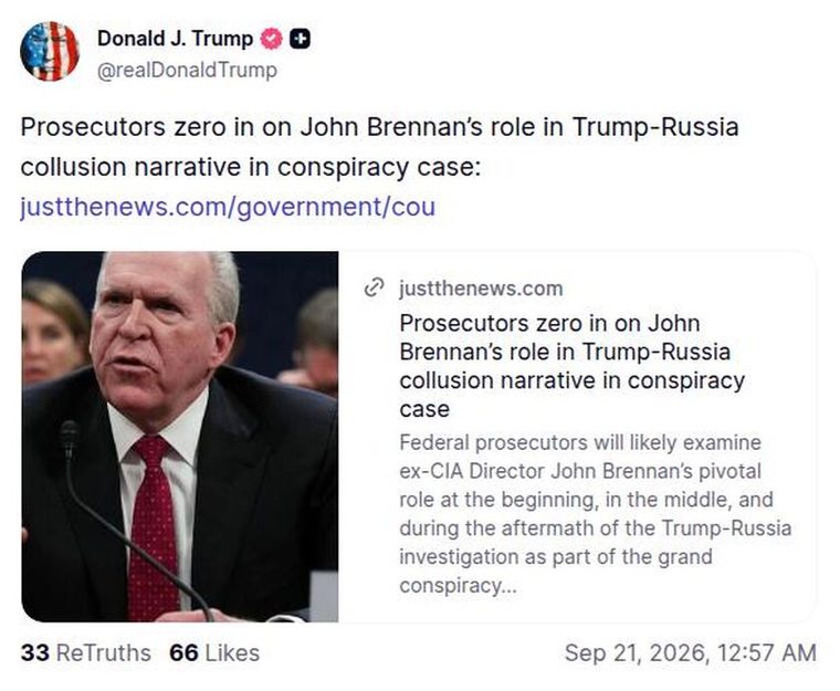 justthenews：检察官聚焦布伦南通俄门角色 报道预览