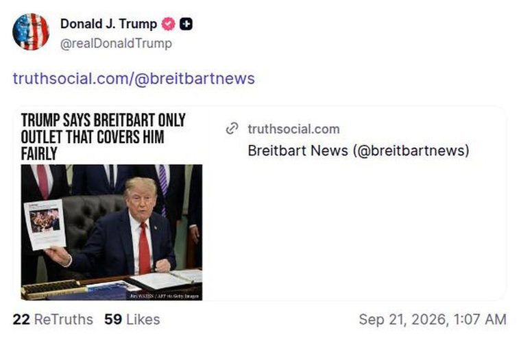 Breitbart：特朗普称其唯一公平报道他的媒体