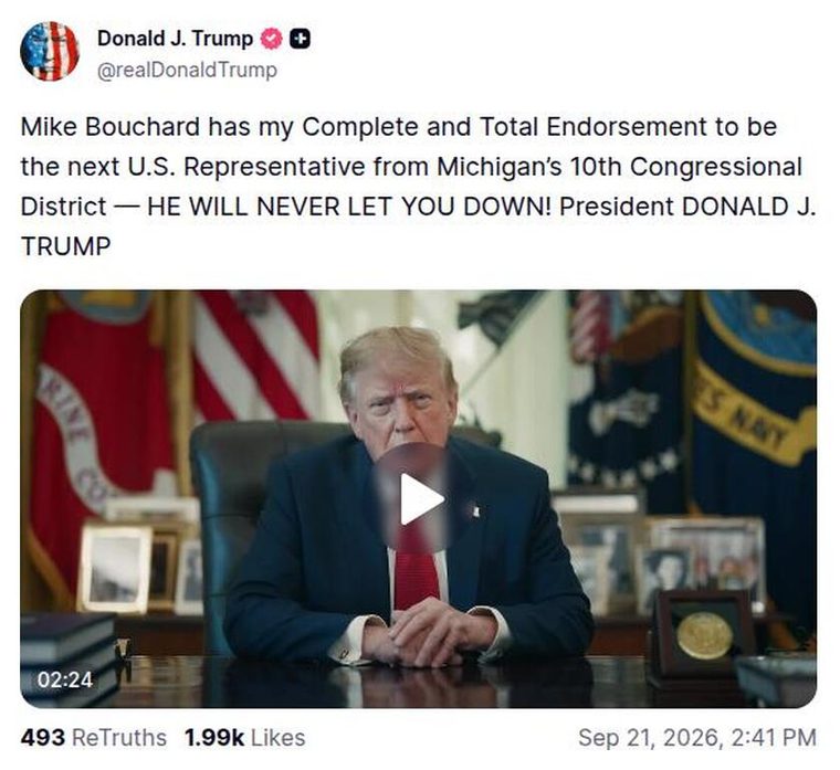 特朗普Truth帖：背书 Mike Bouchard 视频缩略图