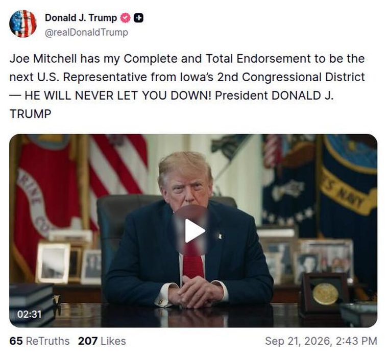 特朗普Truth帖：背书 Joe Mitchell 视频缩略图