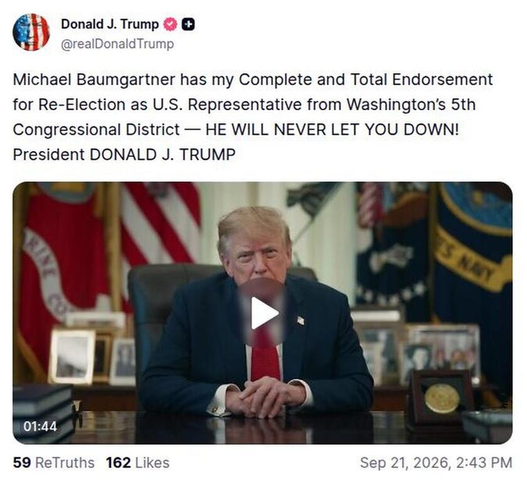 特朗普Truth帖：背书 Baumgartner 视频缩略图