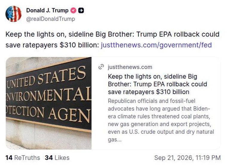 justthenews：EPA 撤销规定节省 3100 亿 报道预览