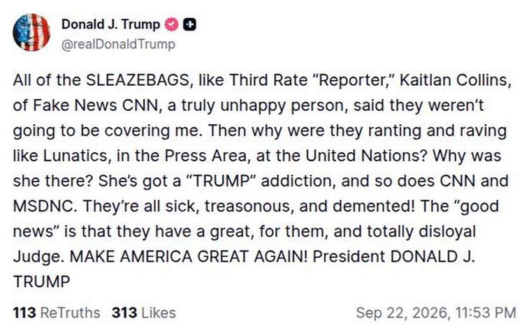 特朗普Truth帖：抨击 CNN 记者 原帖截图