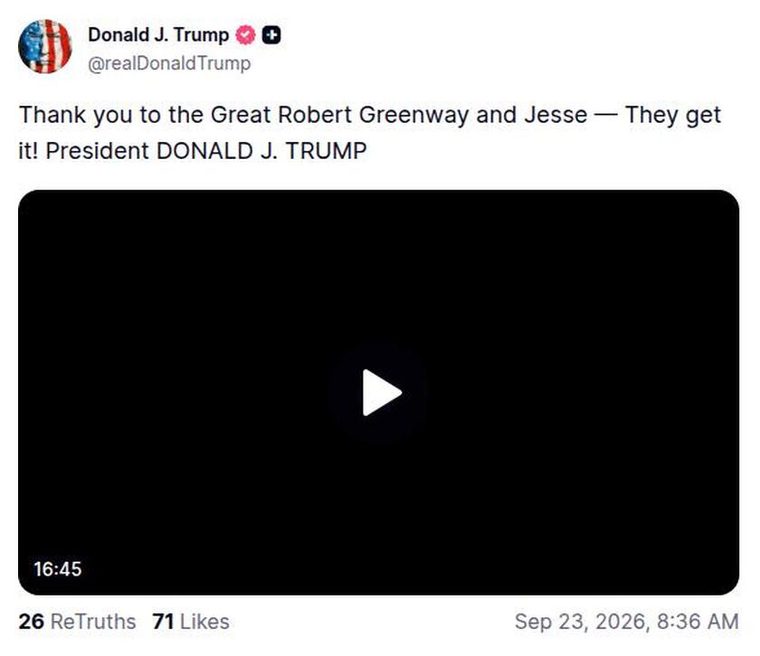 特朗普Truth帖：感谢 Robert Greenway 和 Jesse