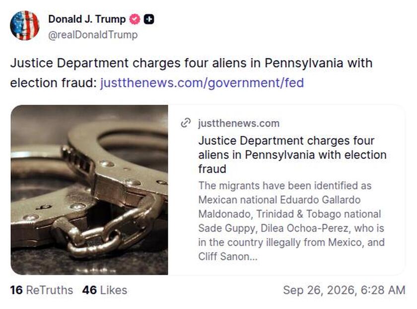 转 justthenews · 司法部在宾州起诉四名外籍人士选举欺诈