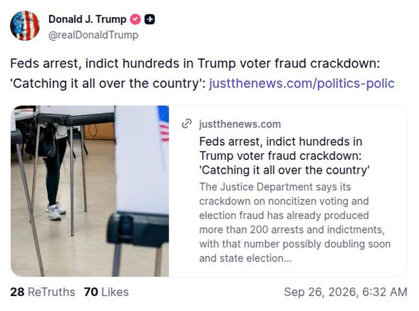转 justthenews · 联邦「选举欺诈」行动已逮捕起诉数百人