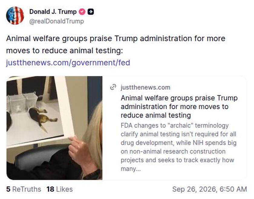 转 justthenews · 动物福利组织赞扬减少动物实验