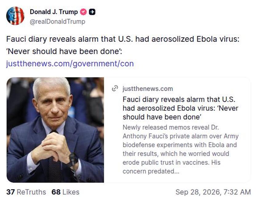 转 justthenews · 福奇日记曝美国曾雾化埃博拉病毒